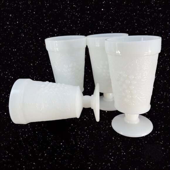 Anchor Hocking White Milk Glass Footed Tumbler Goblet Grape Vine Vintage Set 4 - Picture 3 of 12